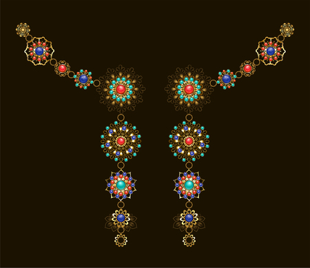 Symmetrical ethnic decoration with lapis lazuli, jasper and turquoise on a dark background. Jewelery in boho style.のイラスト素材