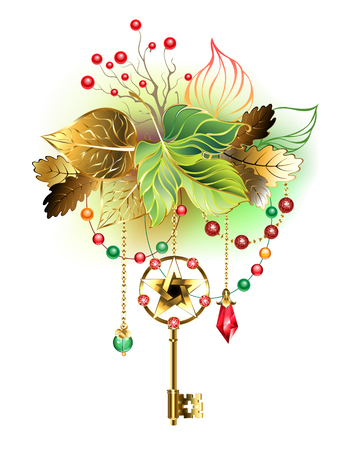 Antique gold key with gold and green autumn leaves.のイラスト素材