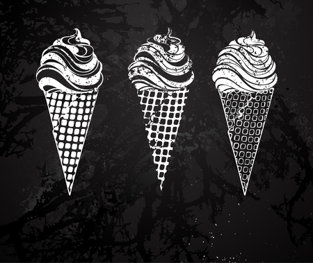 Three ice cream with waffle horn painted with white chalk on a black chalkboard. Drawing with chal
のイラスト素材