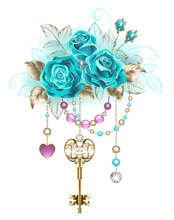 Antique gold key with trendy turquoise roses decorated with leaves.のイラスト素材