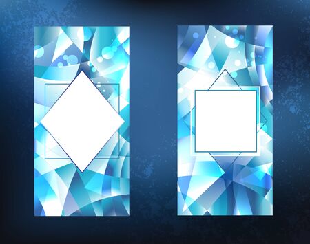Two crystalline, icy, blue, faceted, sparkling banner on a dark background.のイラスト素材