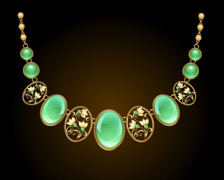 A gold necklace with an oval precious chrysoprase stone and a gold chain on a dark background. Design of jewelry.
のイラスト素材