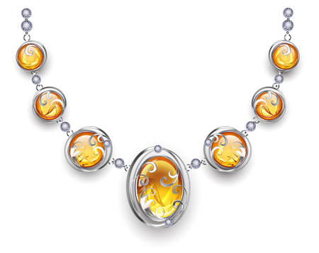Stylish, silver necklace, decorated with amber and silver beads. Design of jewelry. Necklace with amber.
のイラスト素材