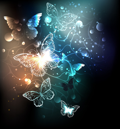 Night glowing butterflies on a luminous abstract background. Night butterflies. Design with butterflies.のイラスト素材