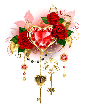 Precious ruby ââheart decorated with red roses, gold chains, antique key on a white background. Ruby heart.のイラスト素材