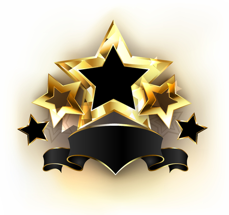 Five gold stars with  black velvet ribbon on white background. Design with gold stars. Concept of excellence.
のイラスト素材