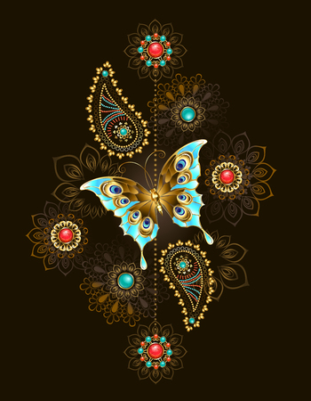 Asymmetric pattern with precious turquoise butterfly and abstract nice colors adorned with turquoise and jasper on brown backdrop.のイラスト素材