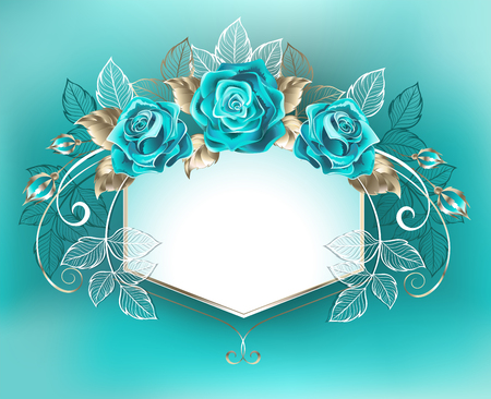 White banner, decorated with turquoise roses with leaves of white gold on turquoise backdrop.のイラスト素材