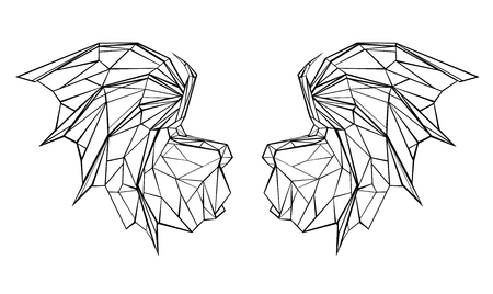 Artistic drawn, black outline, polygonal dragon wings on white background.のイラスト素材