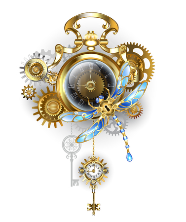 Antique, gold watch with dark Steampunk clock face with mechanical dragonfly, brass and gold gears on white background.のイラスト素材