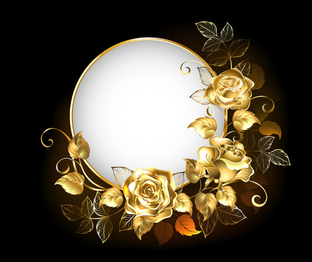 Round White Banner With Gold Jewelry Roses On Black Background