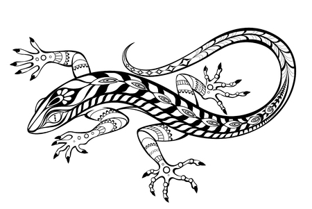 An artistically drawn, contour, patterned lizard on  white background. Tattoos style.のイラスト素材