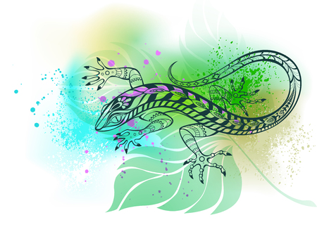 Contouring, stylized lizard on white background painted blue and green watercolor.のイラスト素材