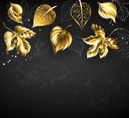 Gold, jewelry, shiny, autumn and contour gray leaves on black background.のイラスト素材