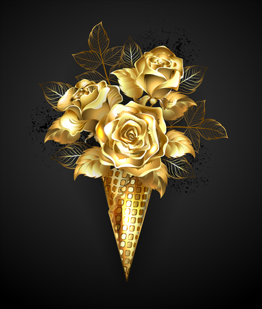 Bouquet of golden, jewelry roses in gold waffle horn on black background.のイラスト素材