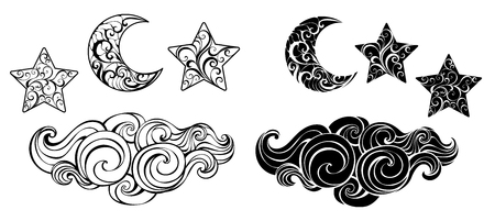 Set of contour and silhouette, artistically drawn black crescent, stars and clouds on white background.のイラスト素材