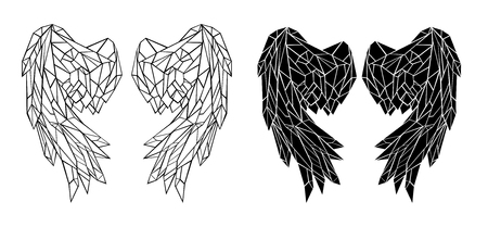 Two pairs of polygonal, contour, folded, black wings on white background.のイラスト素材