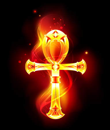 Fiery, orange, patterned, Egyptian ankh on dark background.のイラスト素材