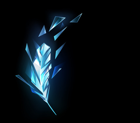 Polygonal, sparkling feather from blue transparent ice on dark background.のイラスト素材