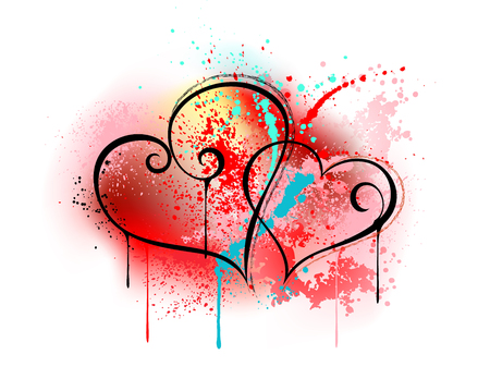 Sloppy drawing of two hearts, drawn in red and black paint on white background.のイラスト素材