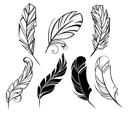 Set of monochrome, small feathers, painted in minimalist style on white background. Tattoo style.のイラスト素材