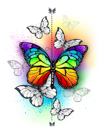 Vertical composition with rainbow and white butterflies on iridescent multicolored background. Tattoo style.のイラスト素材