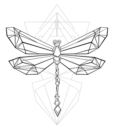 Artistically painted, black, contour, polygonal dragonfly with geometric pattern on white background. Polygonal graphics. Tattoo style.のイラスト素材