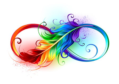 Artistically drawn infinity symbol with beautiful rainbow feather on white background. Tattoo style.