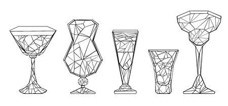 Set of polygonal, contour glasses, hurricane, margarita, shot, stack on white background.のイラスト素材