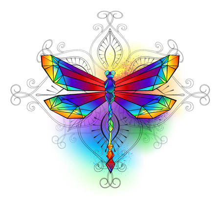 Bright, rainbow, polygonal dragonfly on white background, painted with watercolor.のイラスト素材