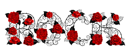 Creative inscription rock of woven black, thorny stems with red realistic roses, painted in tattoo style on white background.のイラスト素材