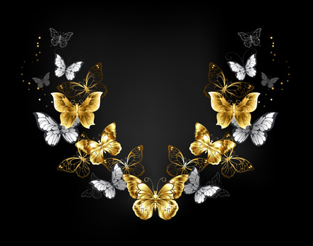 Symmetrical pattern of gold, jewelry and white butterflies on black background. Golden butterfly.のイラスト素材