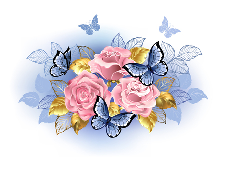 Three pink roses with blue and gold leaves, with blue butterflies sitting on them on white background. Rose Quartz and serenity.のイラスト素材