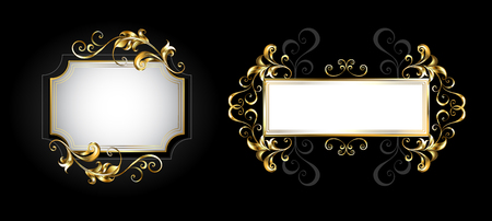 Two small antique banners with gold, patterned, glittery jewelry frames on black background.のイラスト素材