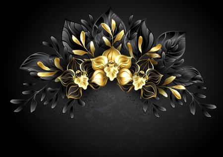 Wreath of jewelry orchids with gold and dark leaves. Black Orchid.のイラスト素材