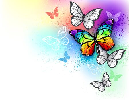 Background with bright paint, colors and flying realistic, rainbow and white butterflies.のイラスト素材