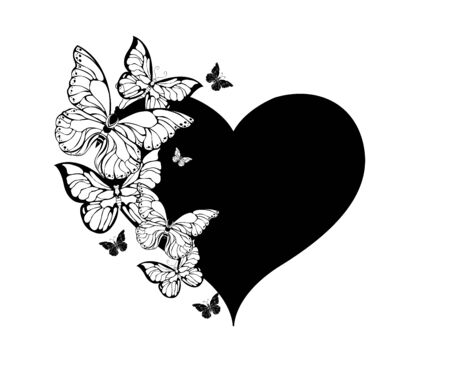 Black heart with artistic, flying, contour butterflies on white background.のイラスト素材