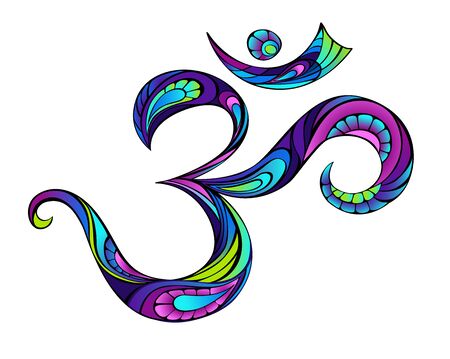 Patterned om symbol painted in blue, pink, purple, green on white background.
