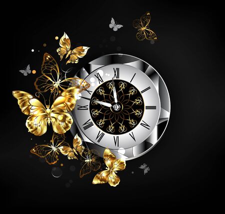 Antique clock, decorated with patterned dial, black latin numerals, with flying gold, jewelry butterflies on black background.のイラスト素材