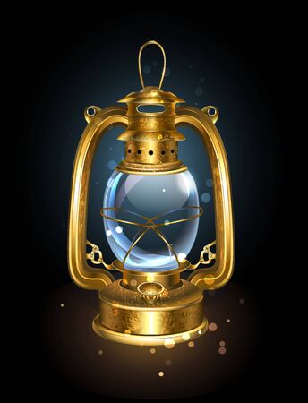 Antique, kerosene lantern from an old, patina coated brass on black background.のイラスト素材