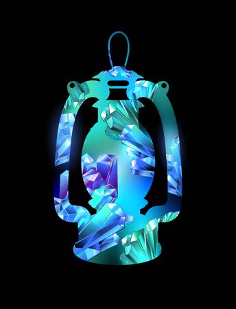 Silhouette of miner's, antique lamp with blue and green, luminous crystals on black background.のイラスト素材