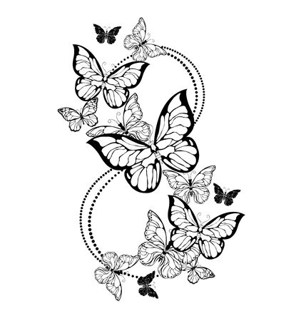Number eight made from contour, realistic, flying butterflies on white background.  Happy Women's Day.のイラスト素材