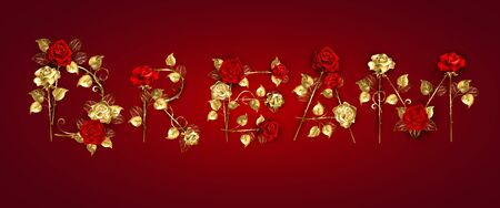 Creative inscription dream of jewelry gold and red roses with golden straight stems on red textured background.のイラスト素材