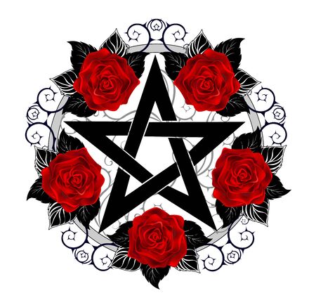 Black pentagram with pattern, decorated with blooming, red roses with leaves on white background. Tattoo style.のイラスト素材