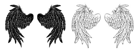 Two artistically drawn, silhouette and contour wings on white background. Tattoo style.のイラスト素材