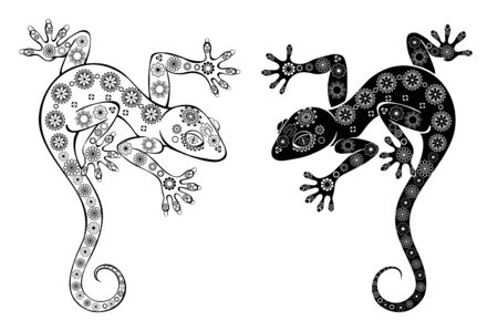 Two artistically drawn patterned, black, contour geckos on white background.Tattoo styleのイラスト素材