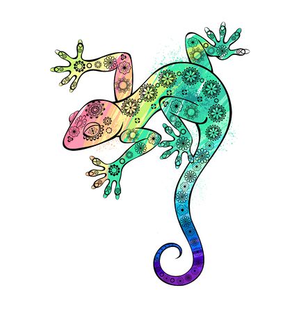Rainbow gecko lizard painting watercolor on white background.のイラスト素材