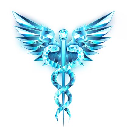 Blue crystal Caduceus symbols on black isolated background. Low poly symbol of medicine.のイラスト素材