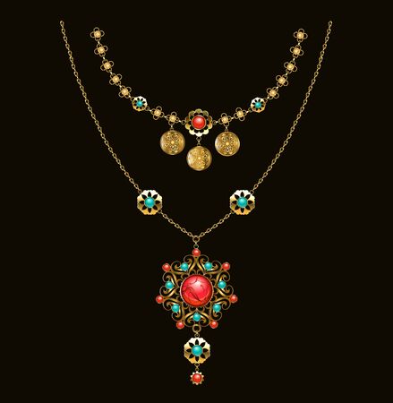 Gold patterned medallion with turquoise, carnelian and jasper, on long brass chain on dark background, made in ethnic, oriental style. Boho style.のイラスト素材