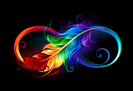 Artistically drawn infinity symbol with beautiful rainbow feather on black background.のイラスト素材